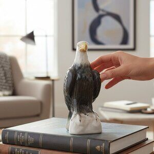 Brazilian bald eagle statue hand glazed ceramic gray, white home decor wildlife